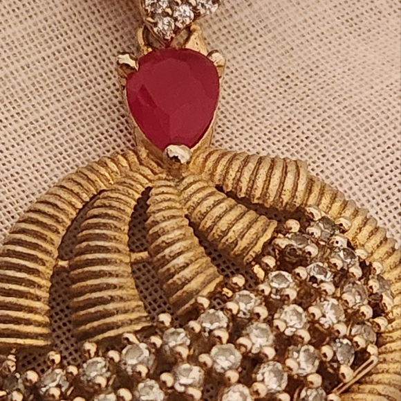 Vintage Faux Ruby and Diamond Stud-Dangle Earrings - Picture 4 of 17